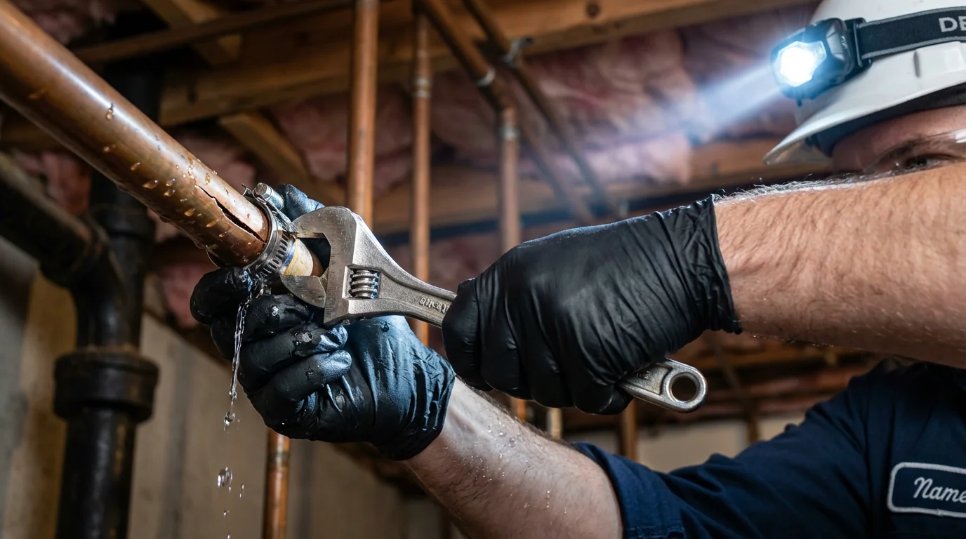 Emergency pipe clamp repair being performed by a Johns Plumbing LLC plumber in Liberty