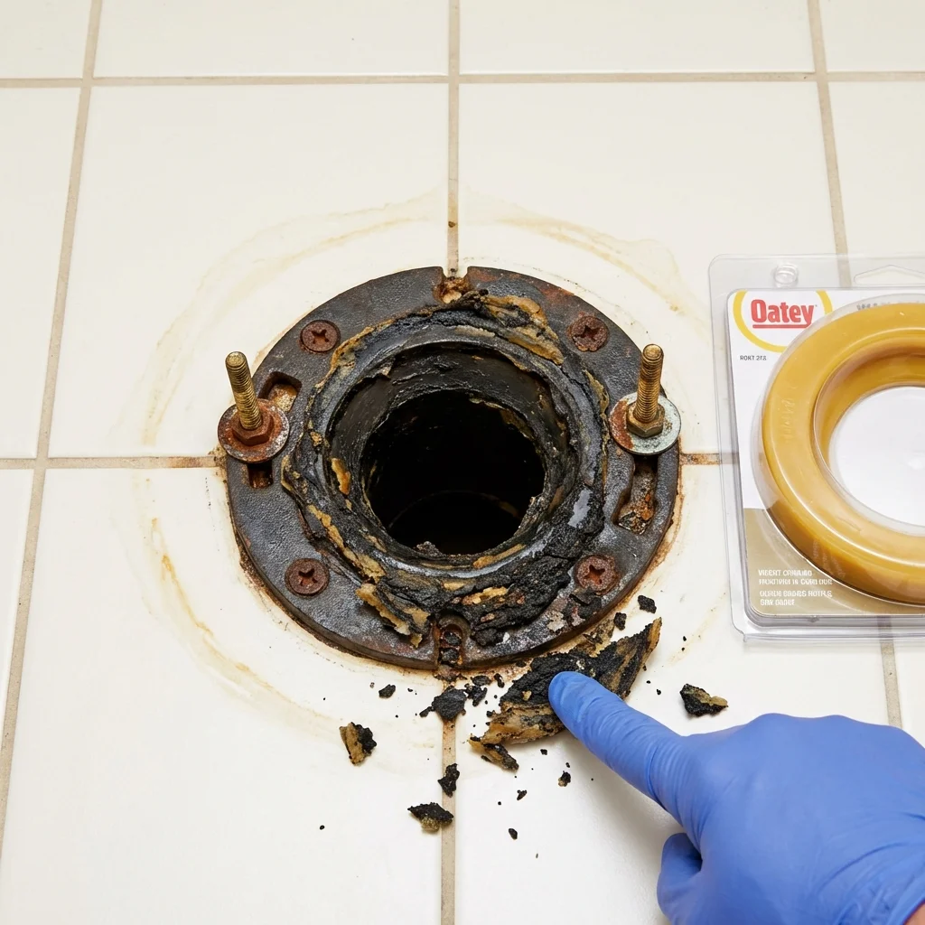 Failed wax ring showing water seepage at the base of a toilet in a Liberty, MS home