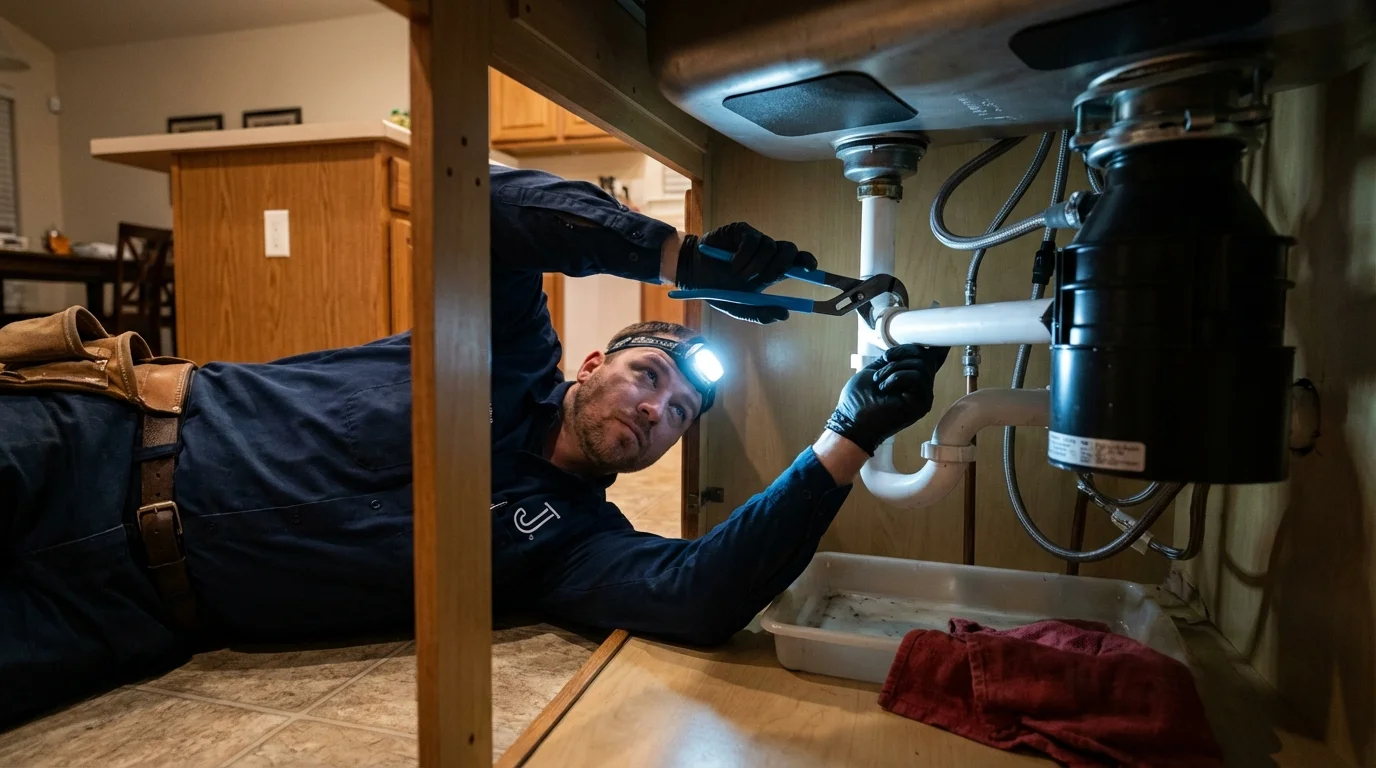P-trap and supply line connections under a kitchen sink showing a common leak point in Liberty, MS